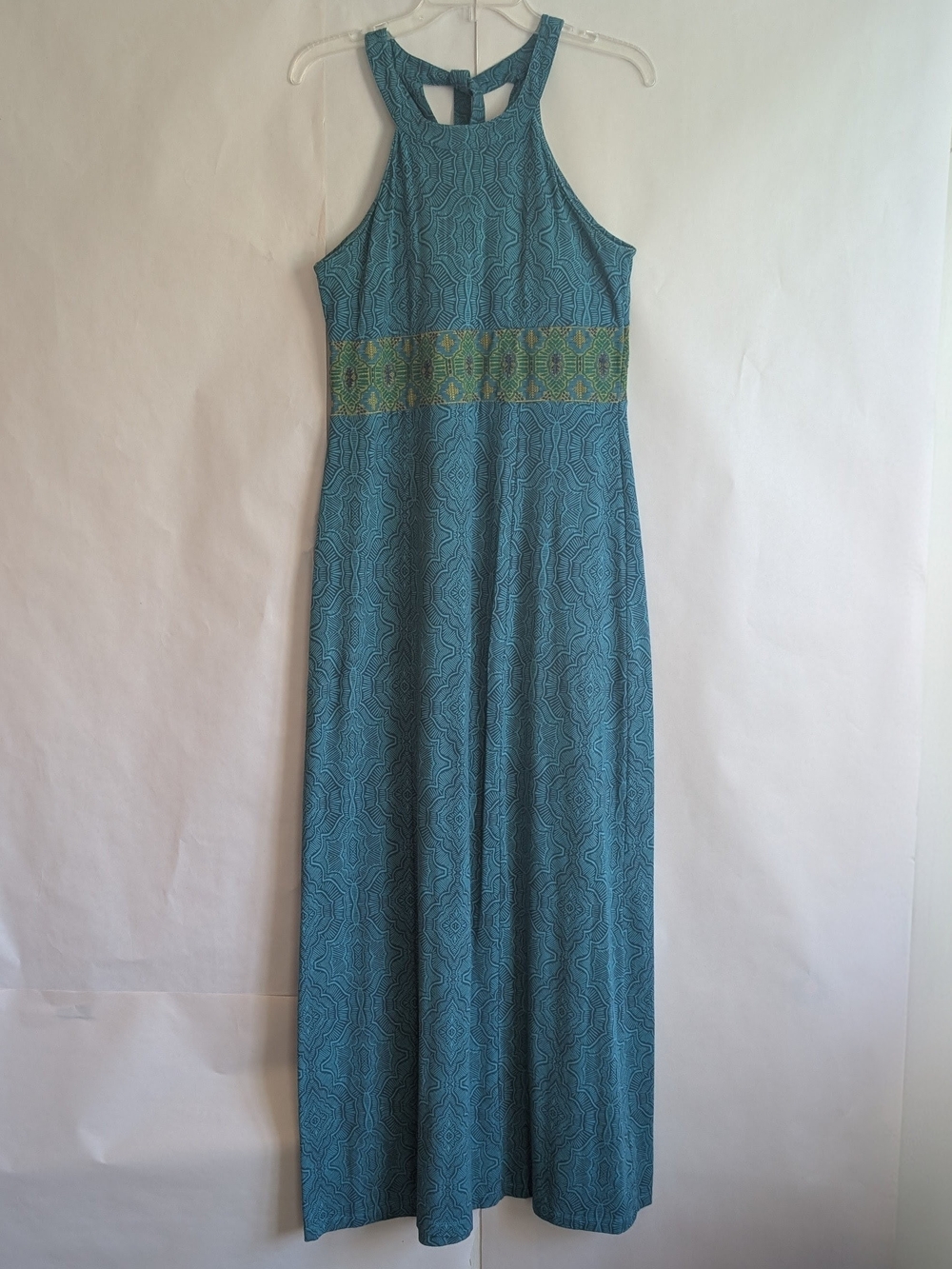 Prana Teal Maxi Dress with Lovely Embroidered Waistband